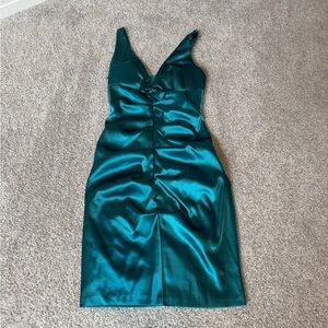 Jump Teal Green Backless Satin Dress. 3-4. V-Neck Ruched